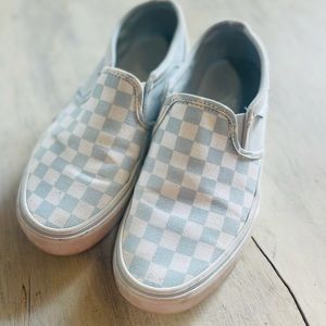 Vans Slip On Checkerboard Sneaker Womens 6 Light Blue White Canvas Casual Shoe